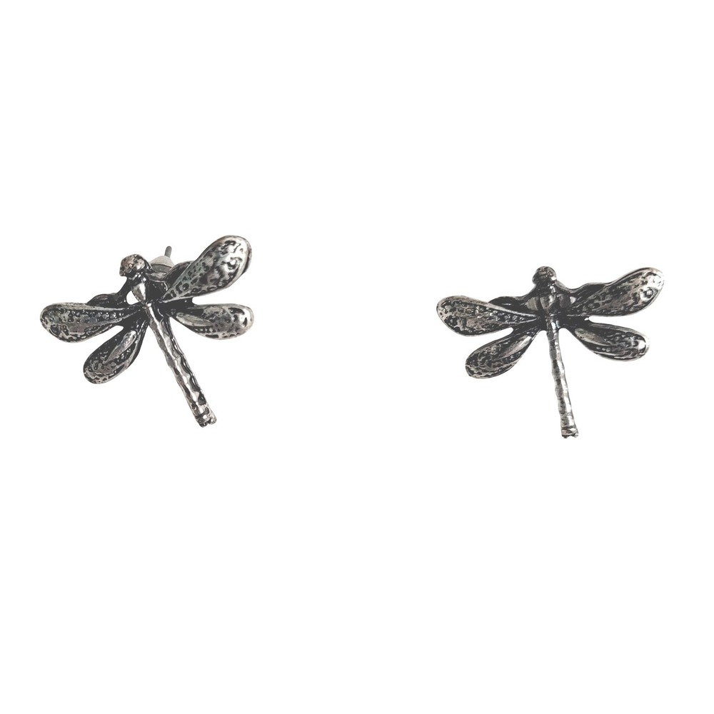 Dragonfly Stud Earrings Women Silver Tone Antique Finish Nature Theme Textured